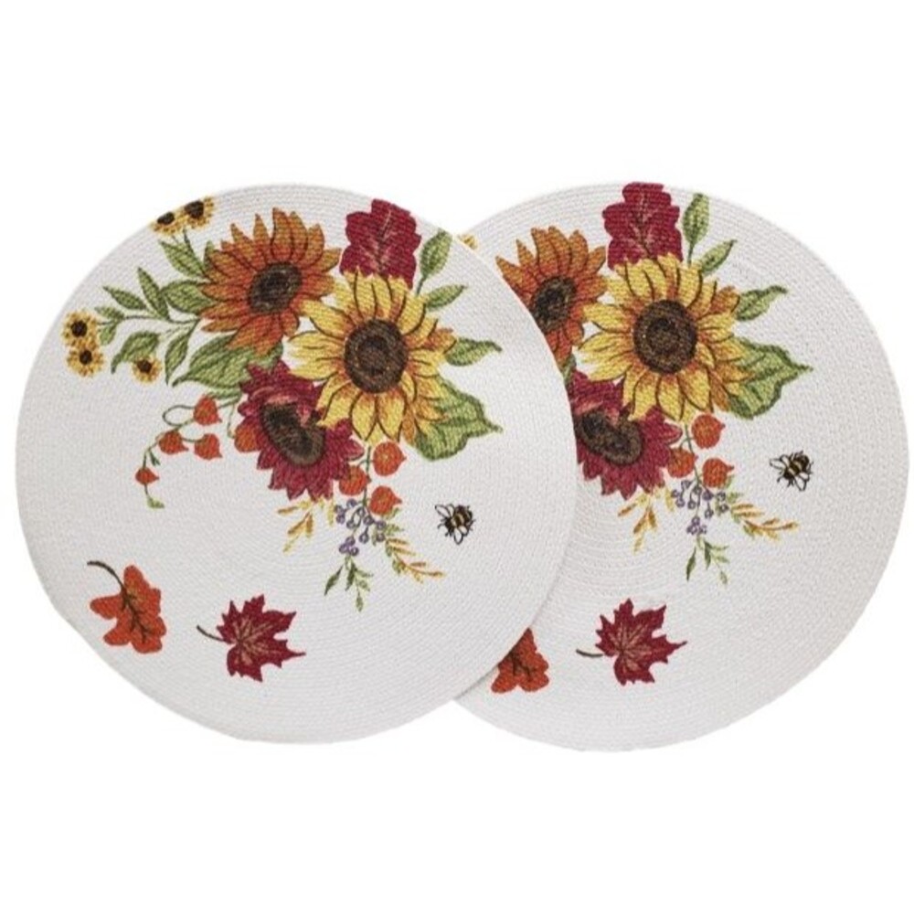 2 Same Round Braided Cotton Placemats(14.5") HARVEST SUNFLOWERS,LEAVES & BEE,KDD